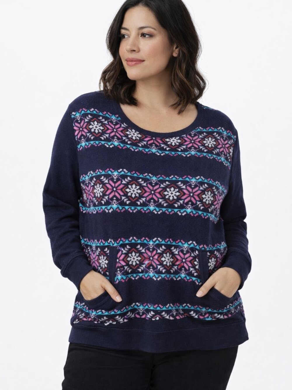 Jane & Bleeker Women’s Pullover Waffle Sweater Blue Pink Snowflake · Size XL